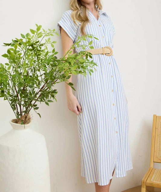 Stripe Button Down Belted Midi Shirt Dress