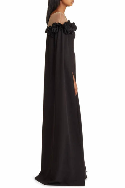 Flower Detail Illusion Shoulder Cape Gown