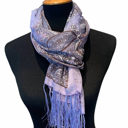 Women's Floral Paisley Silver Glitter Fringed Sheer Lightweight Fashion Scarf