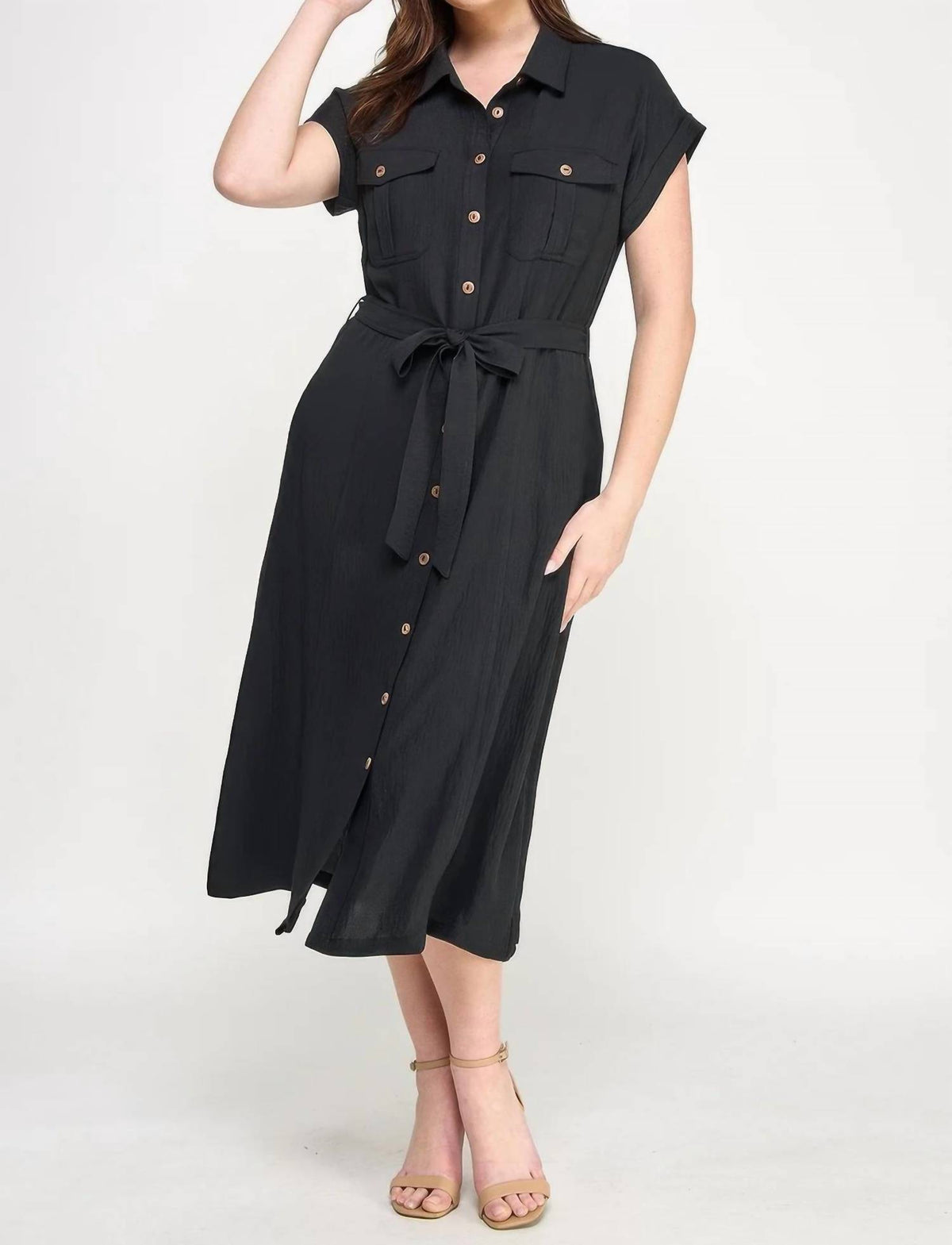 Front Tied Buttoned Short Sleeve Dress