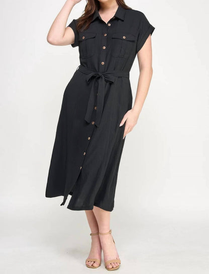 Front Tied Buttoned Short Sleeve Dress