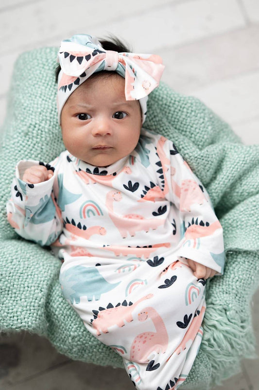 Infant Girls Baby Gown And Bow Headband Set