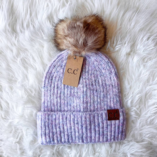 Women's Soft Ribbed Fur Pom Beanie