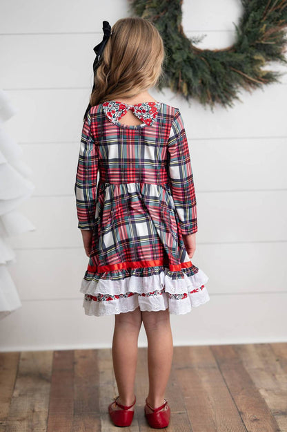 Girl's Holiday Christmas Plaid Lace Ruffle Bow Back Dress