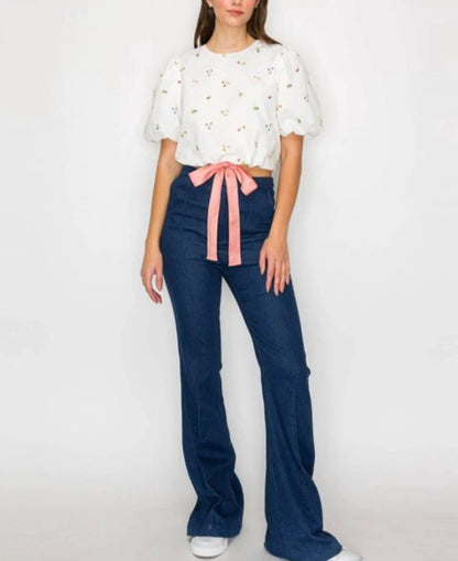 Embroidery Top With Bow Detail