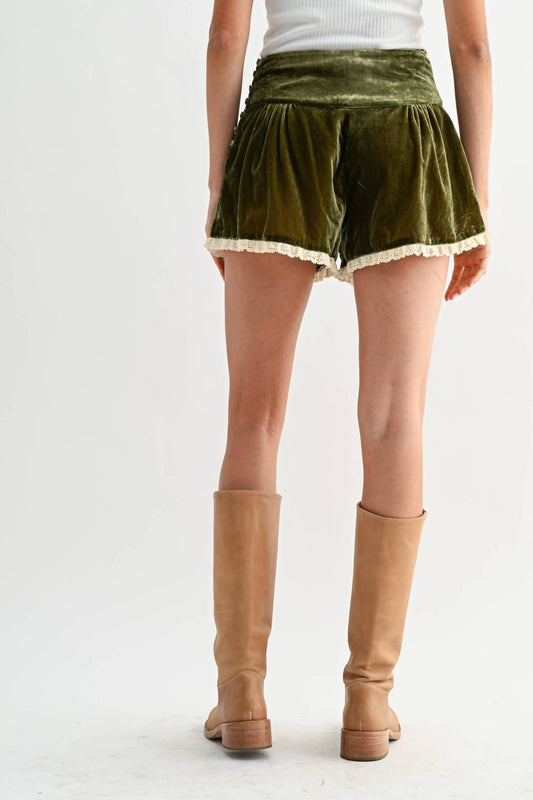 Velvet High-waisted Lace-trimmed Shorts