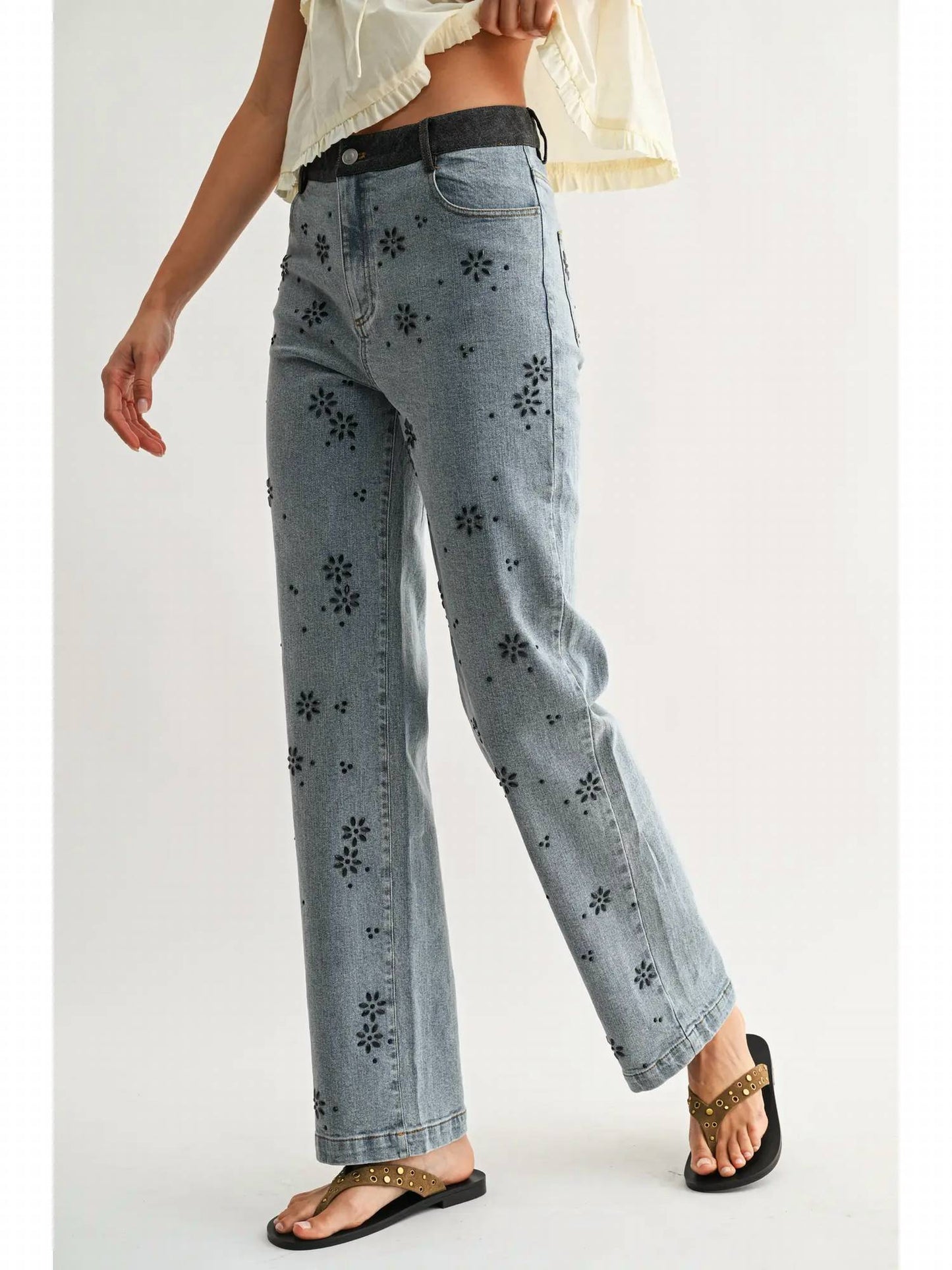 Floral Embellished Straight-Leg Jeans
