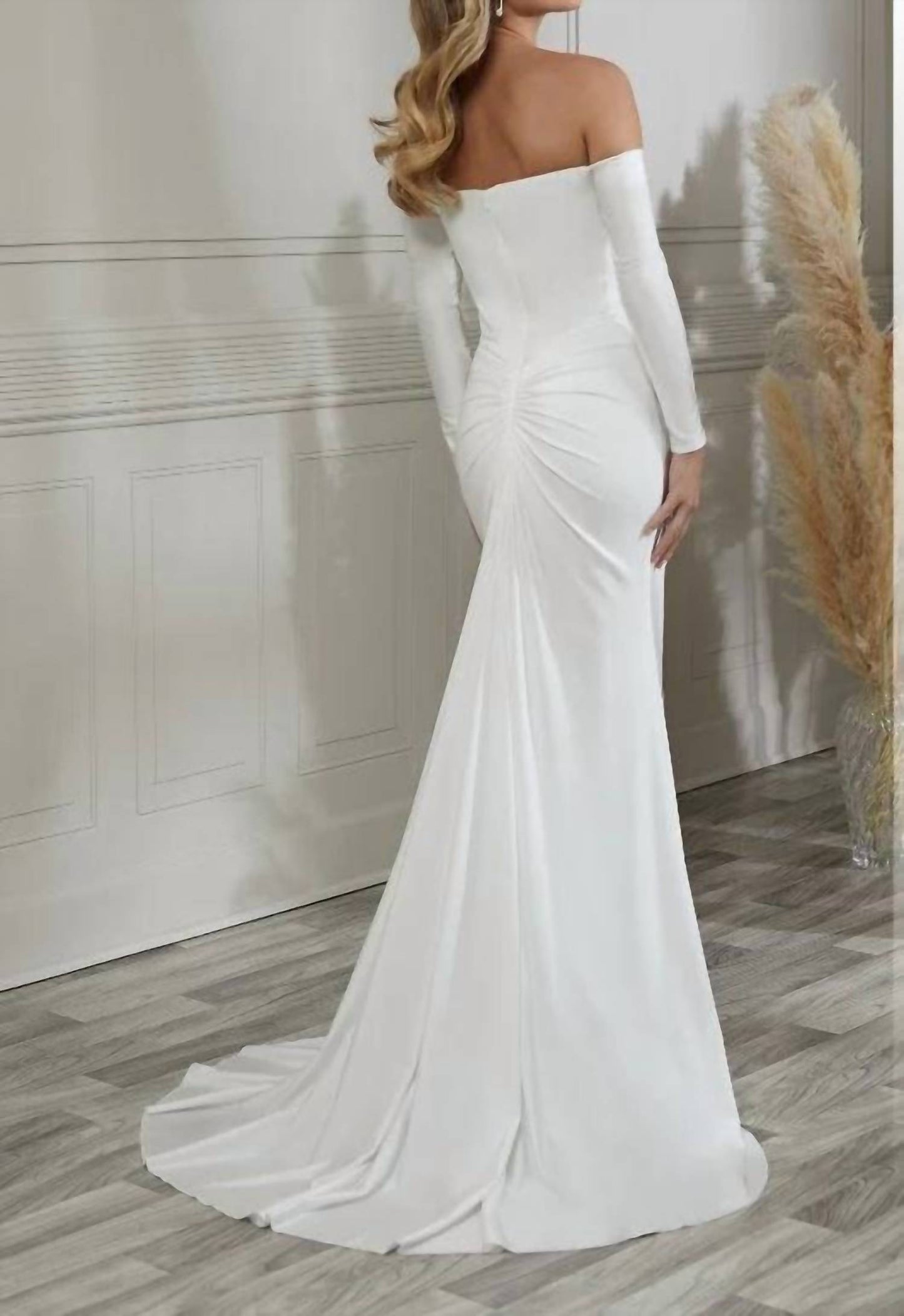 Plunging V-neck Off Shoulder Long Sleeve Gown