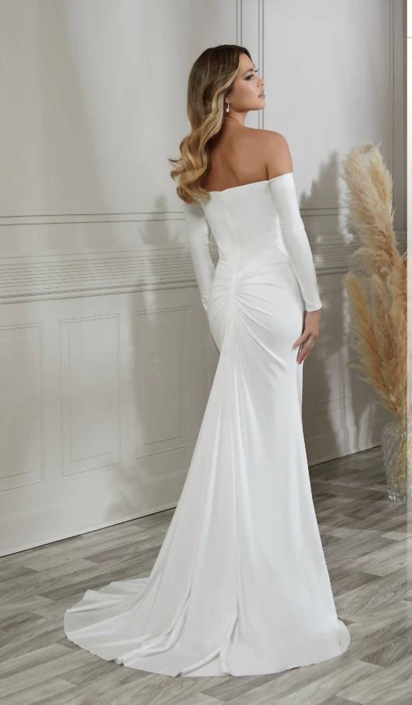 Plunging V-neck Off Shoulder Long Sleeve Gown