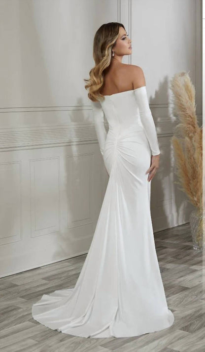 Plunging V-neck Off Shoulder Long Sleeve Gown