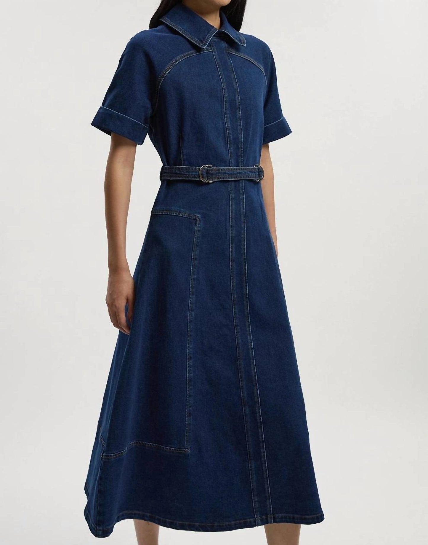Stretch Denim Tab Belt Midi Dress - Petite