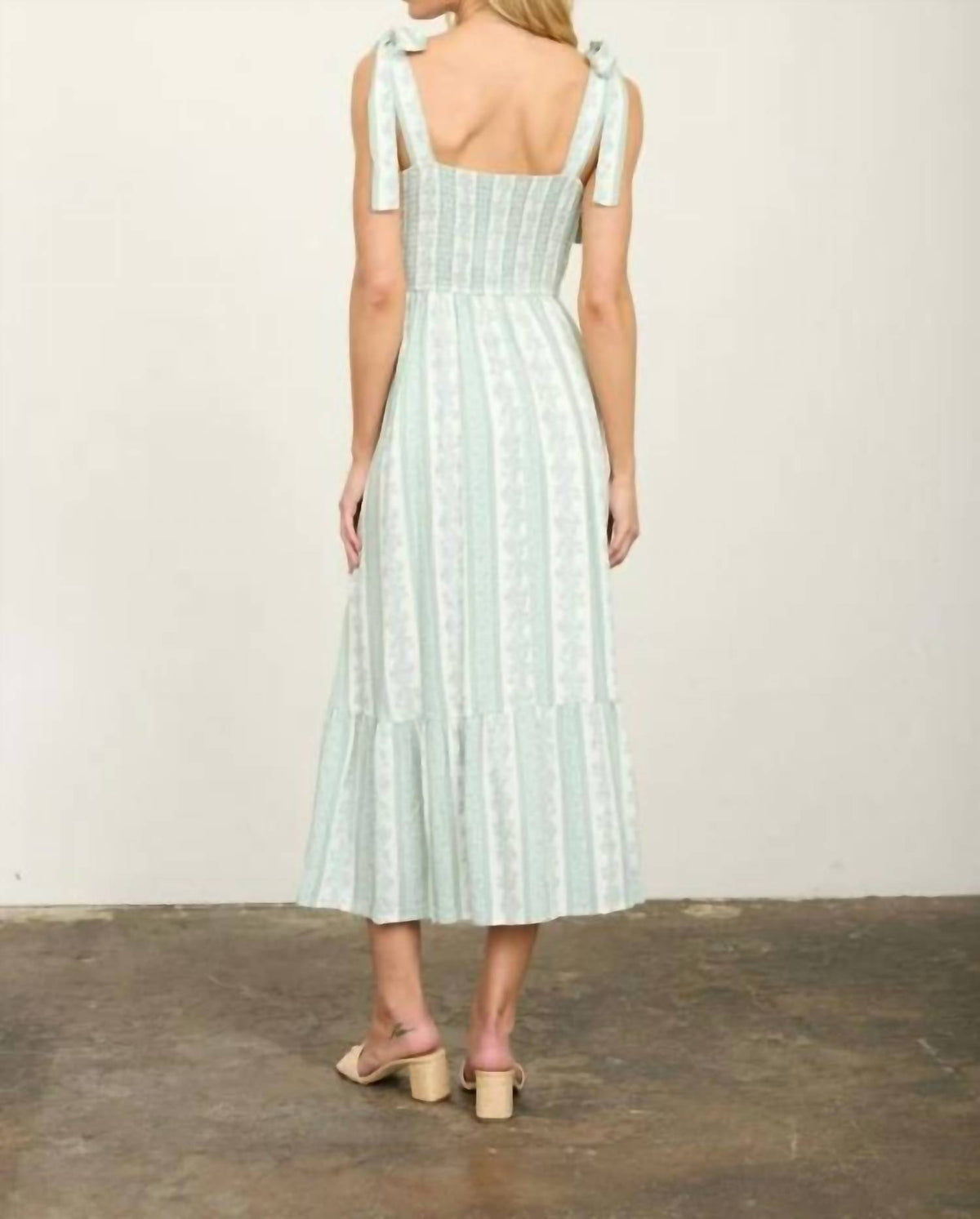 Stripe Floral Smocked Tie Strap Detail Midi Dress