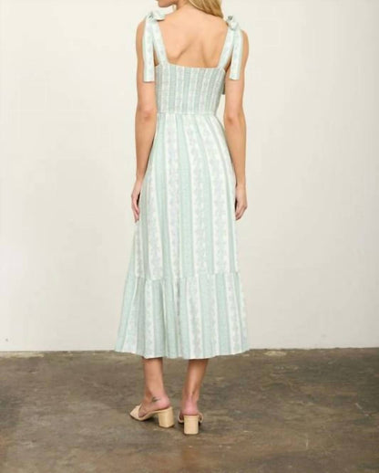 Stripe Floral Smocked Tie Strap Detail Midi Dress