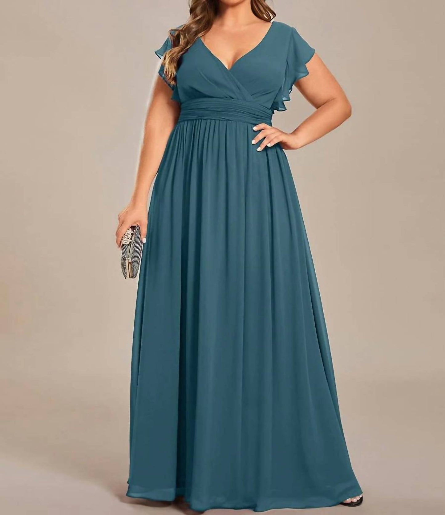 Back Cutout A-line Pleated Ruffles Sleeve Chiffon Bridesmaid Dress