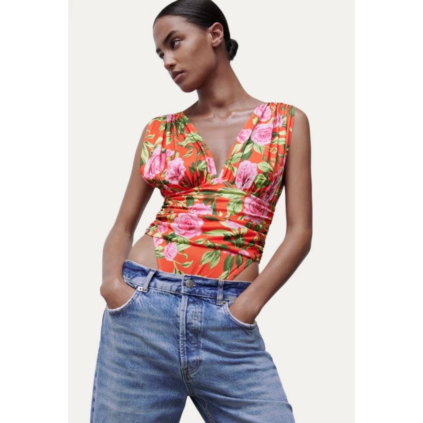 Draped Tropical Floral V Neck Bodysuit