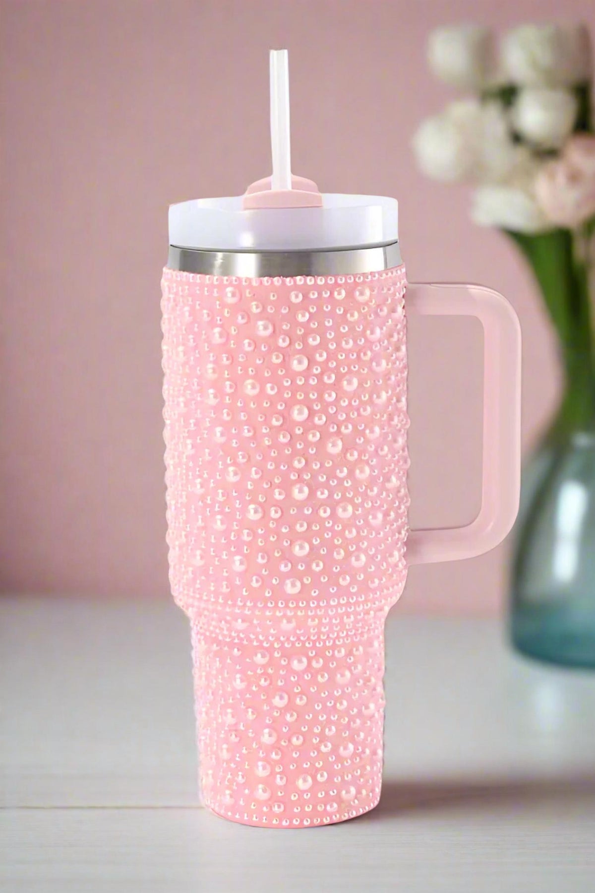 Pearl Studded Stainless Steel Tumbler with Handle - 40 oz