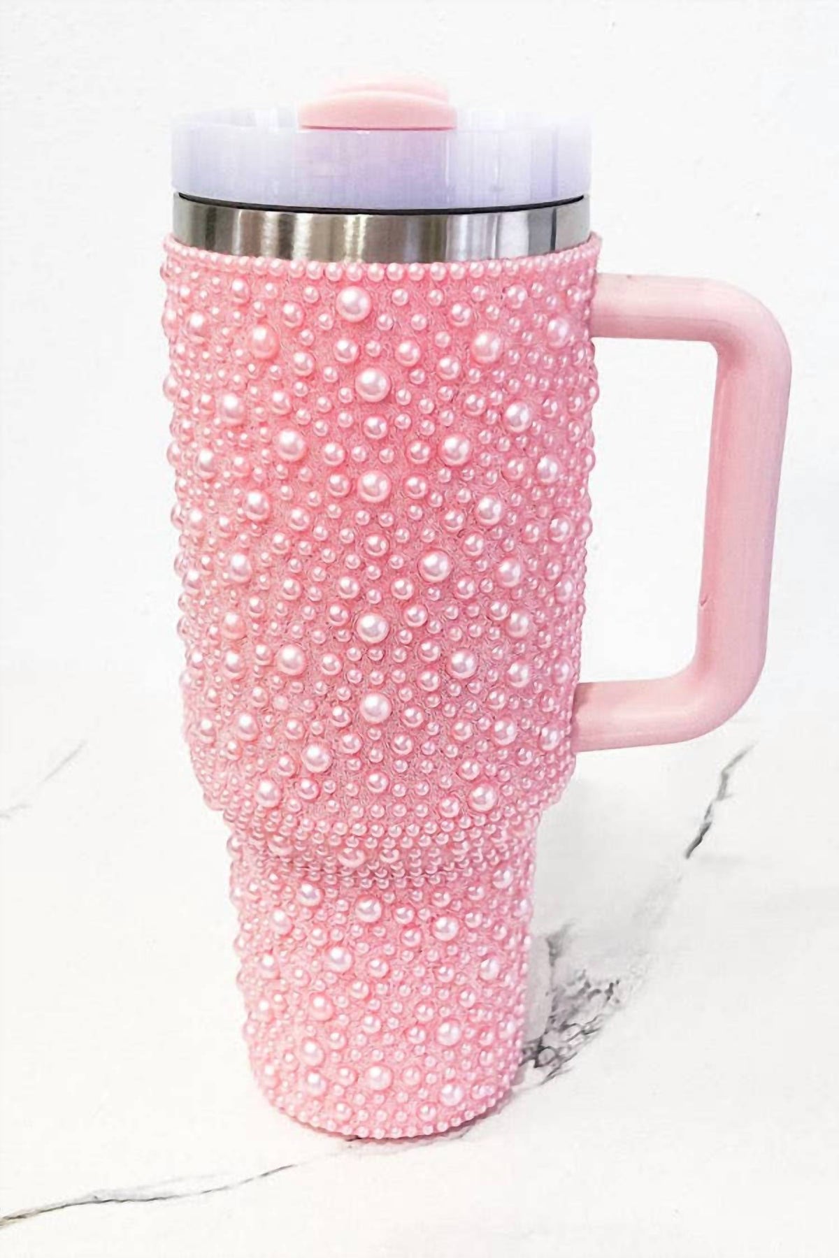 Pearl Studded Stainless Steel Tumbler with Handle - 40 oz