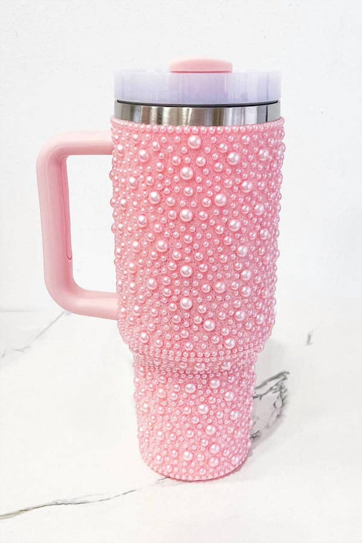 Pearl Studded Stainless Steel Tumbler with Handle - 40 oz