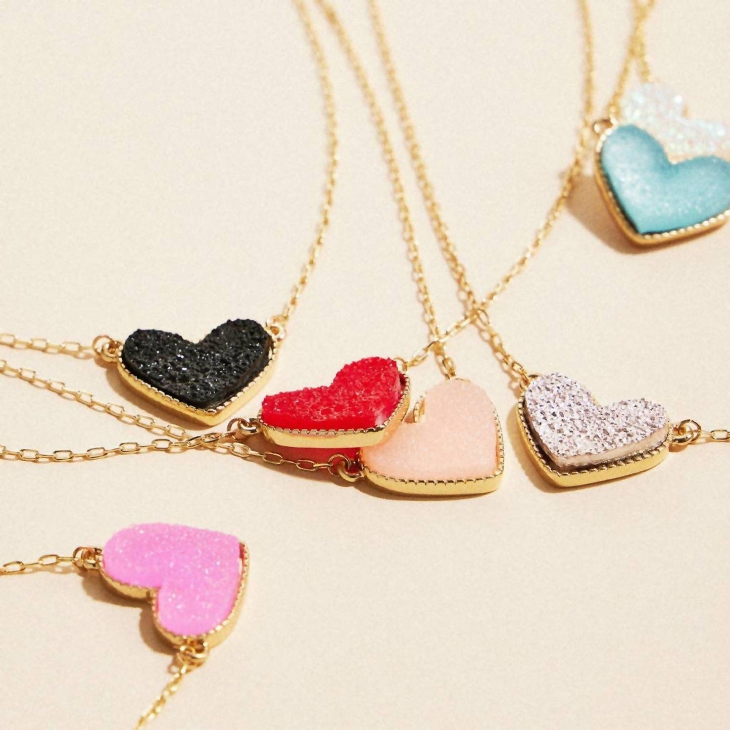 Women's Heart Druzy Stone Charm Short Necklace