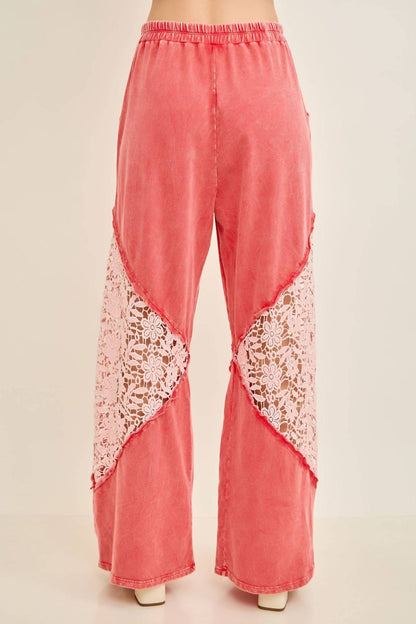 Mineral Washed Floral Lace Elastic Waist Cool Pant