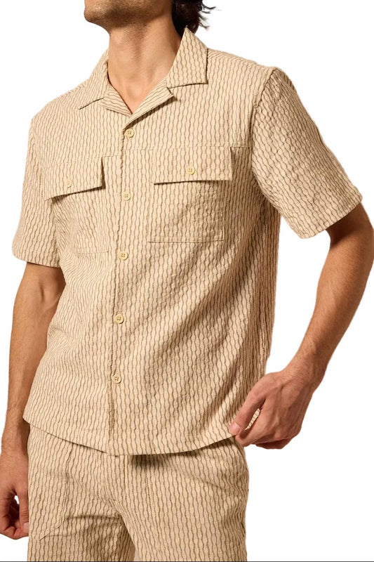Umber & Ochre Men's Harshil Short Sleeve Button Down Shirt in Distorion Weave Khaki
