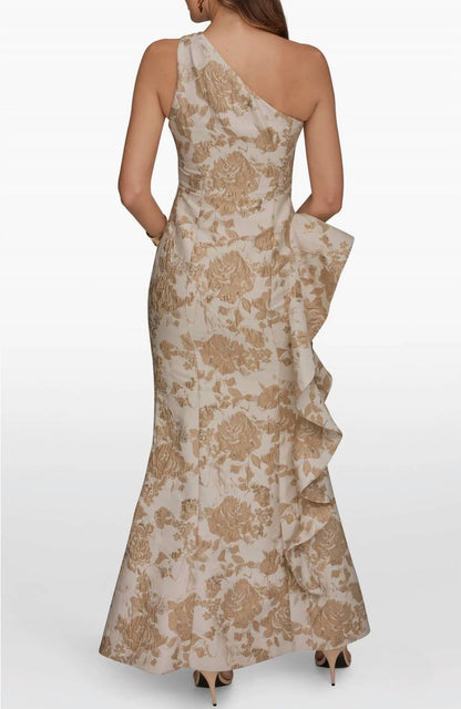 One Shoulder Cascading Ruffle Metallic Floral Gown