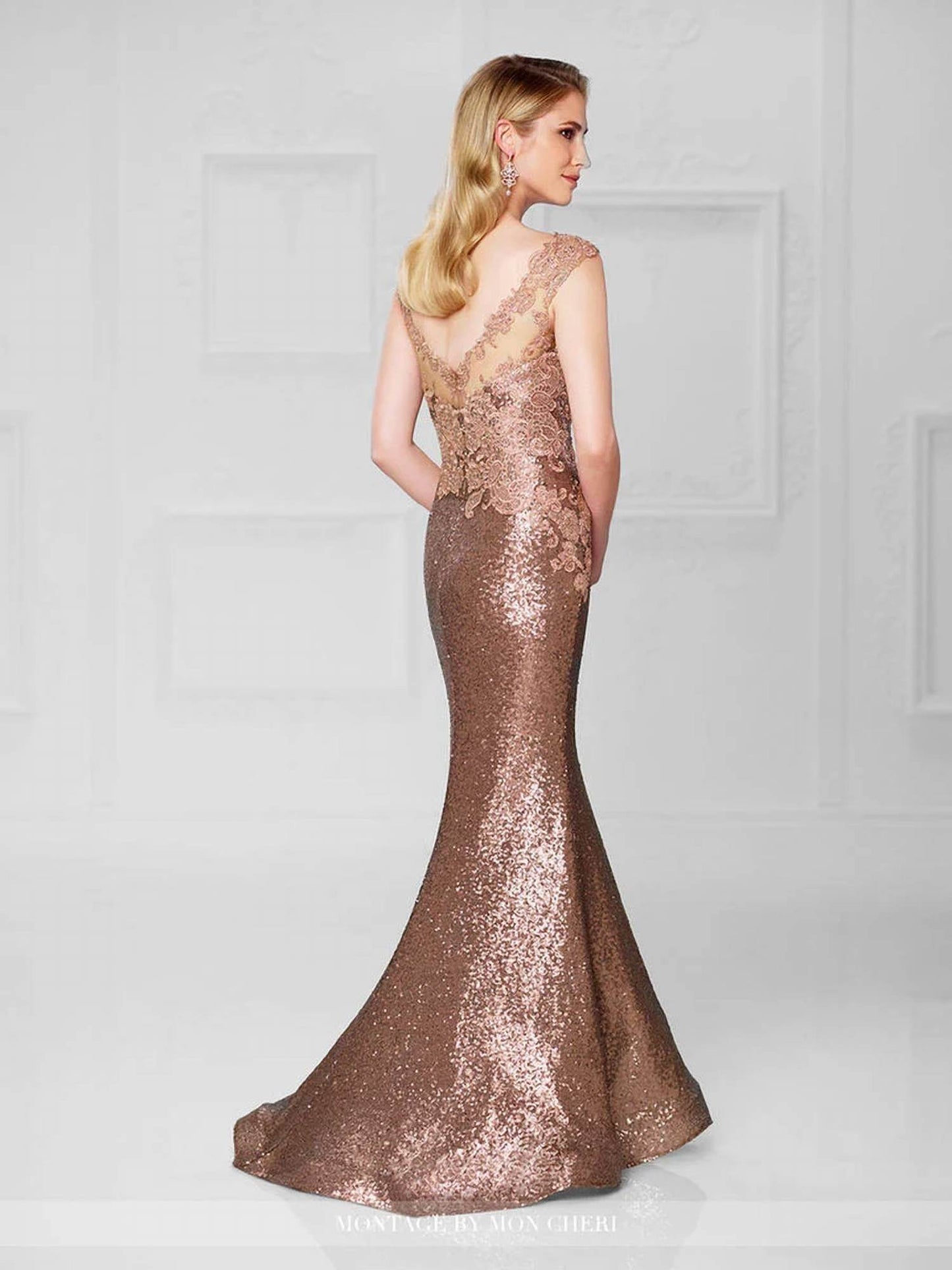 Social Occasions by Mon Cheri - Bronze Lace Sequin Long Gown - Rack Hunt -