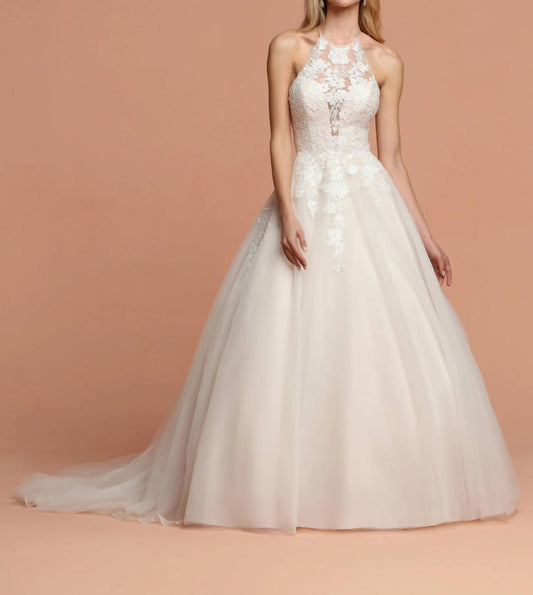 High Neck Sheer Embroidered Tulle Ballgown Wedding Dress