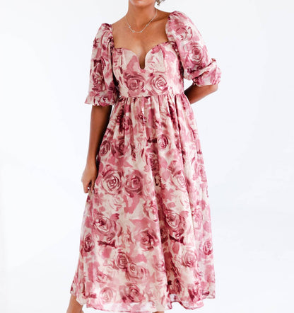 Women's Floral Textured Jacquared Midi Dress