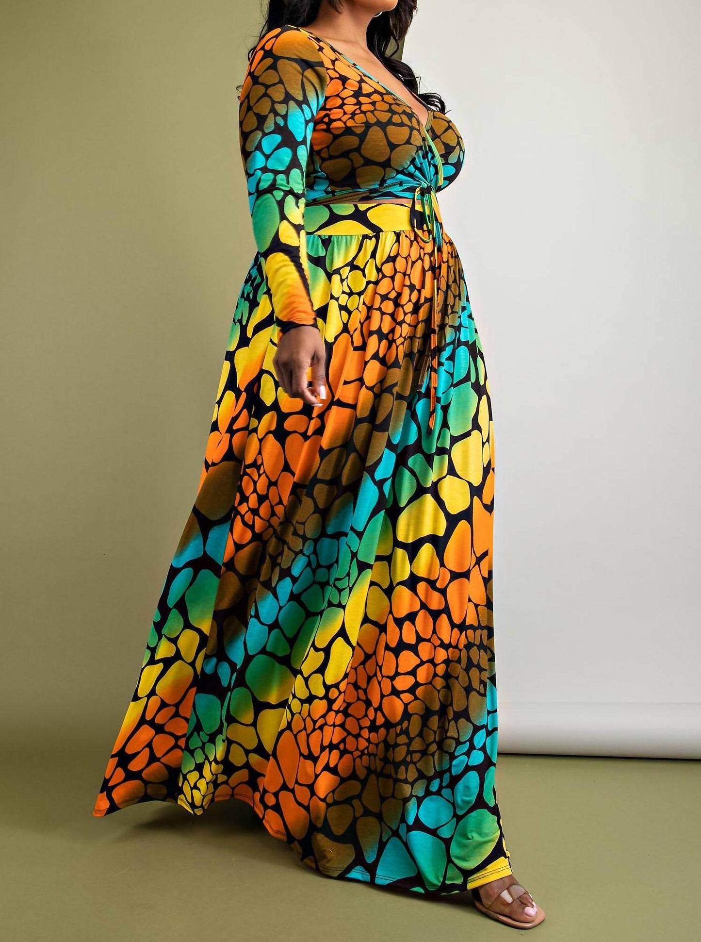 The Curve LA - Plus Size Long Sleeve Surplice Wrap Top And Maxi Skirt Set - Rack Hunt -