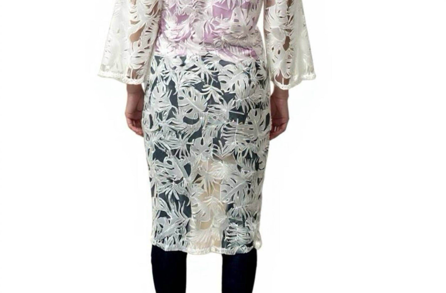 Amber Skies - White Lace Kimono Tropical Leaf Design Resort Wear - Rack Hunt -