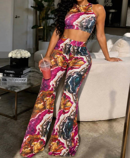 Italy Stretch Print Wide Leg Pants Set