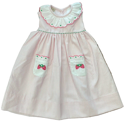 Kid's Strawberries Embroidered Dress With Pockets