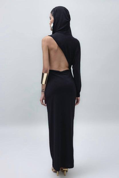 Hooded One Sleeve Open Back Maxi Dress