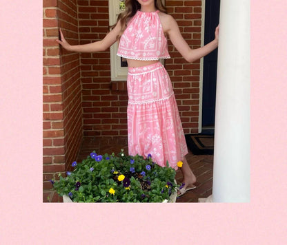 Placement Print Halter Top And Skirt Set