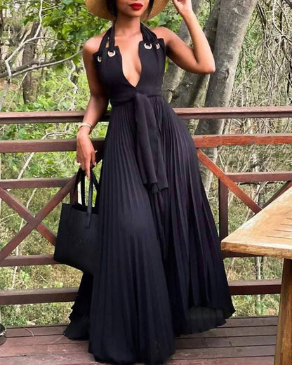 Halter pleated chiffon maxi dress