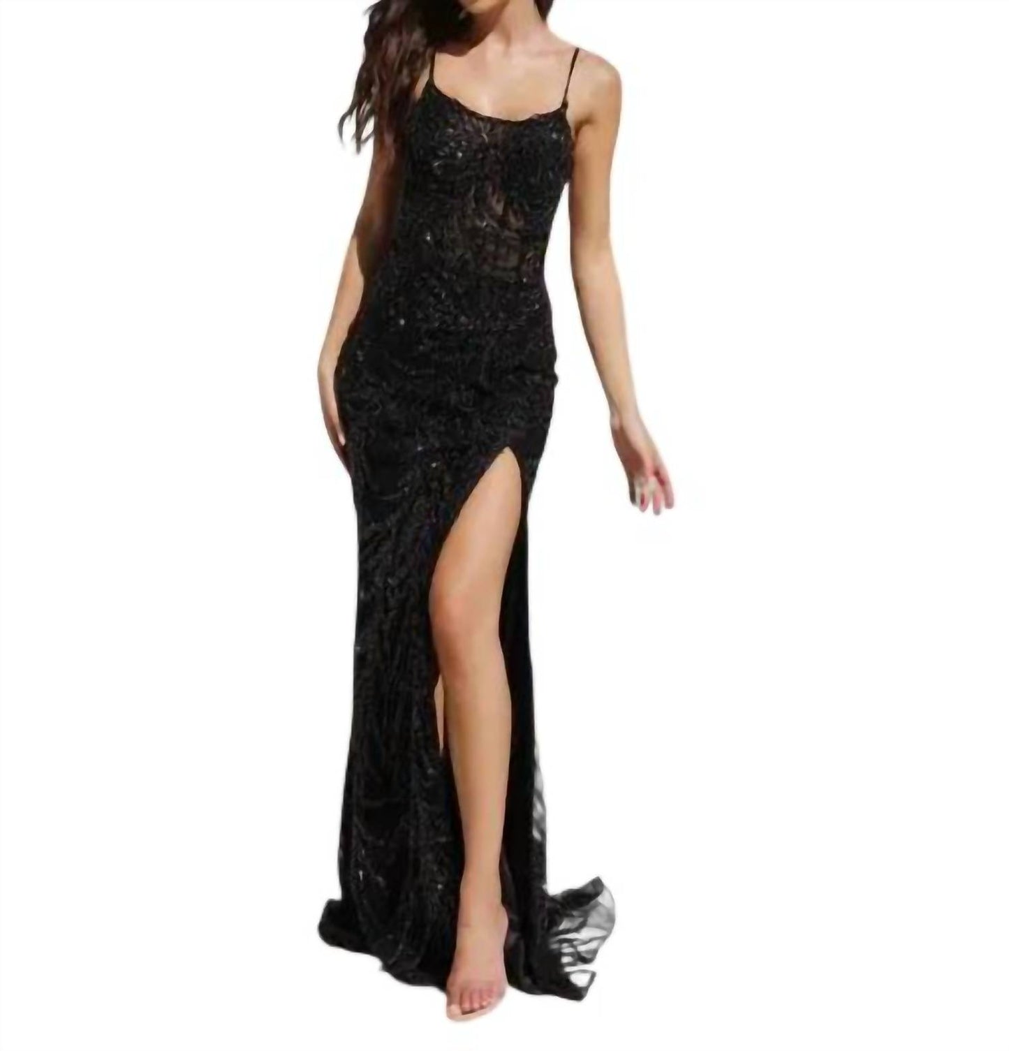 Scoop Neckline Beaded Sheath Slit Dress