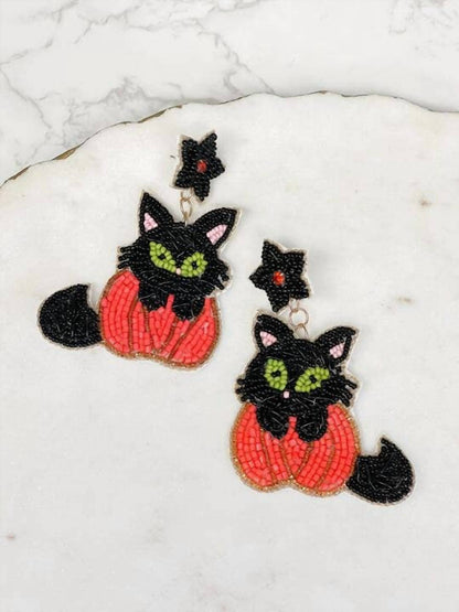 Pumpkin Cat Beaded Dangle Earrings