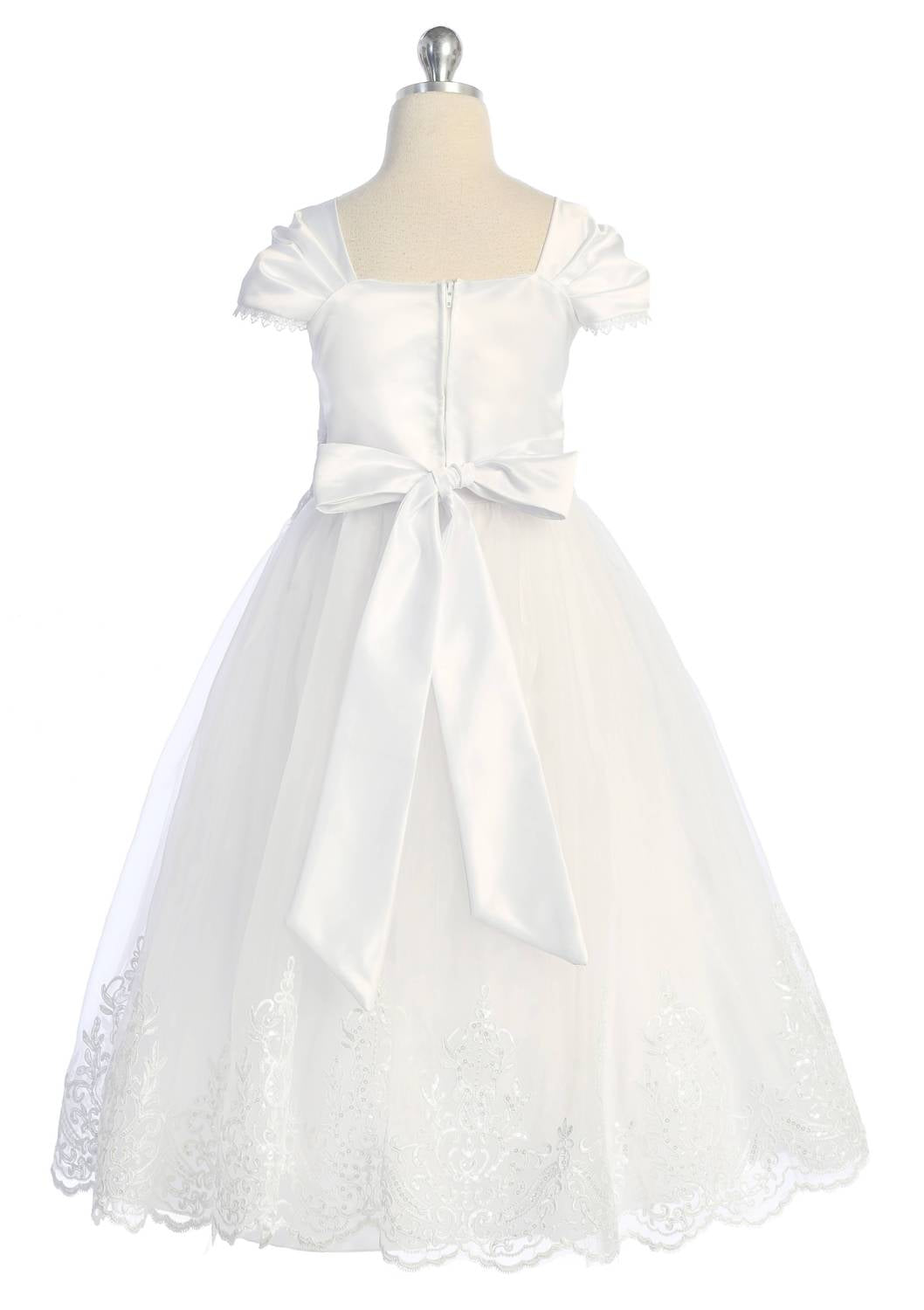 Kid's Embellished Organza Pleated Cap Sleeve Long Communion Dress