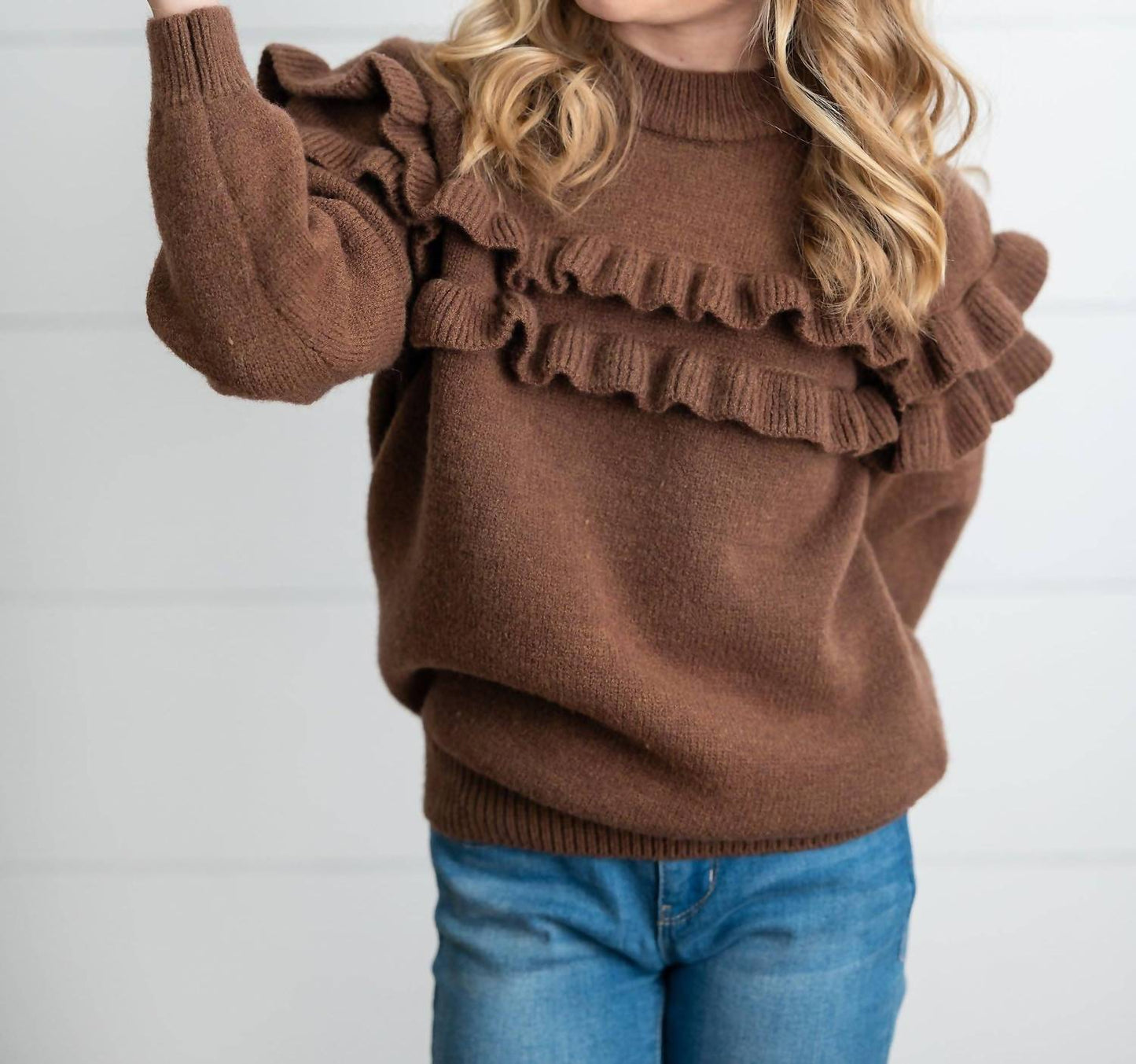 Girl's Double Ruffle Crewneck Sweater