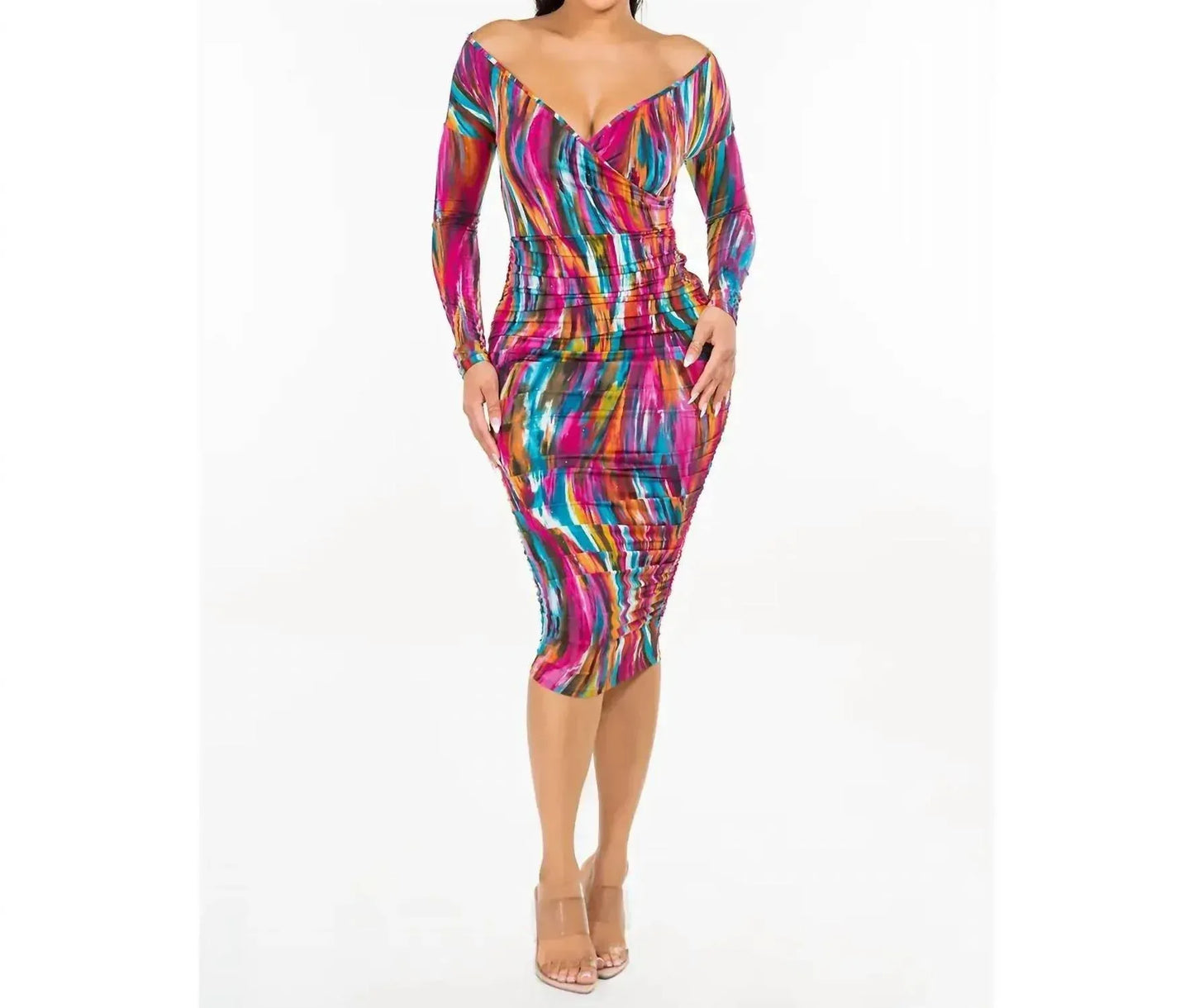 Let's go Uptown - Wrap Shirred Midi Dress - Rack Hunt