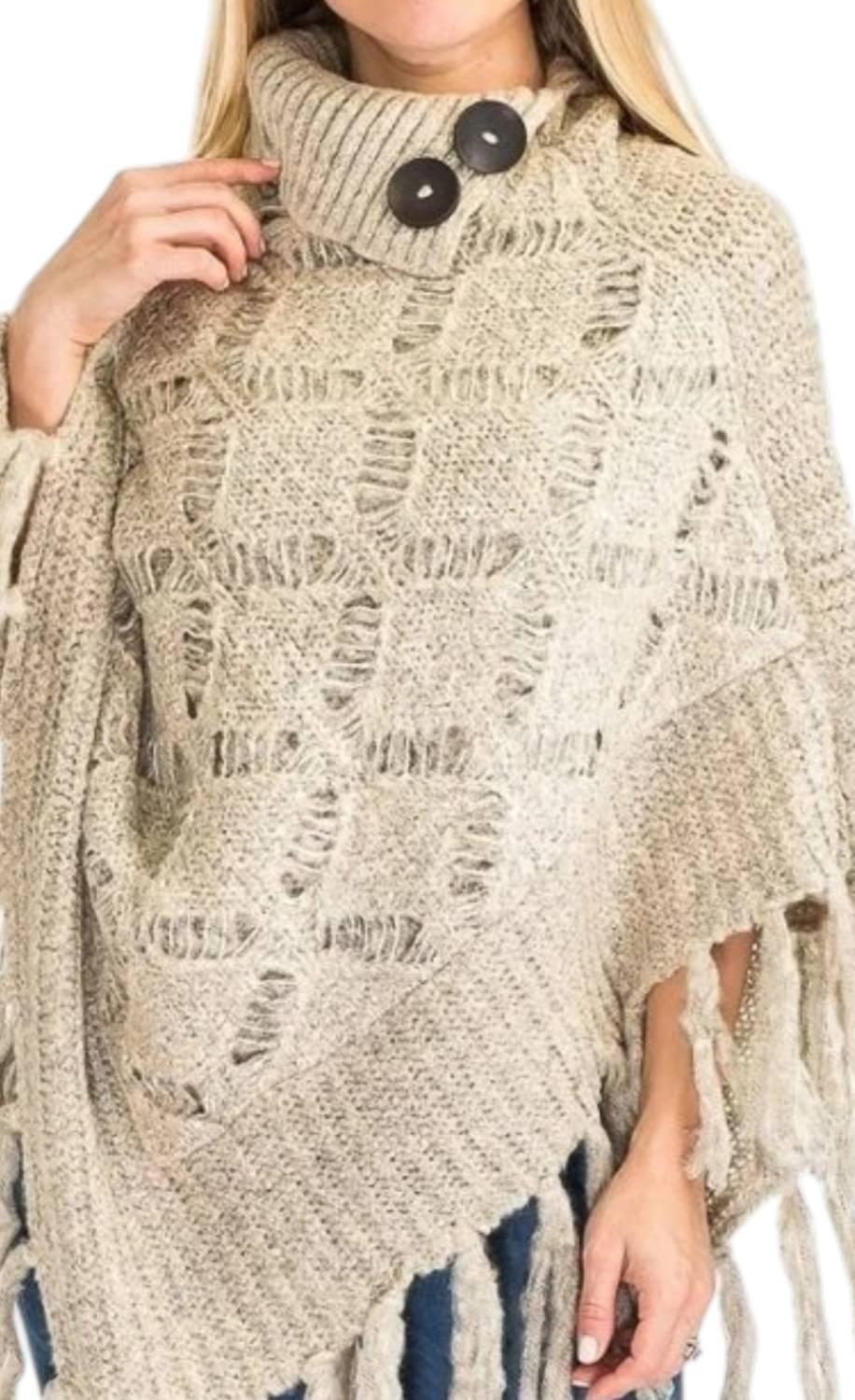 Turtleneck Ribbed Crochet Knit Poncho