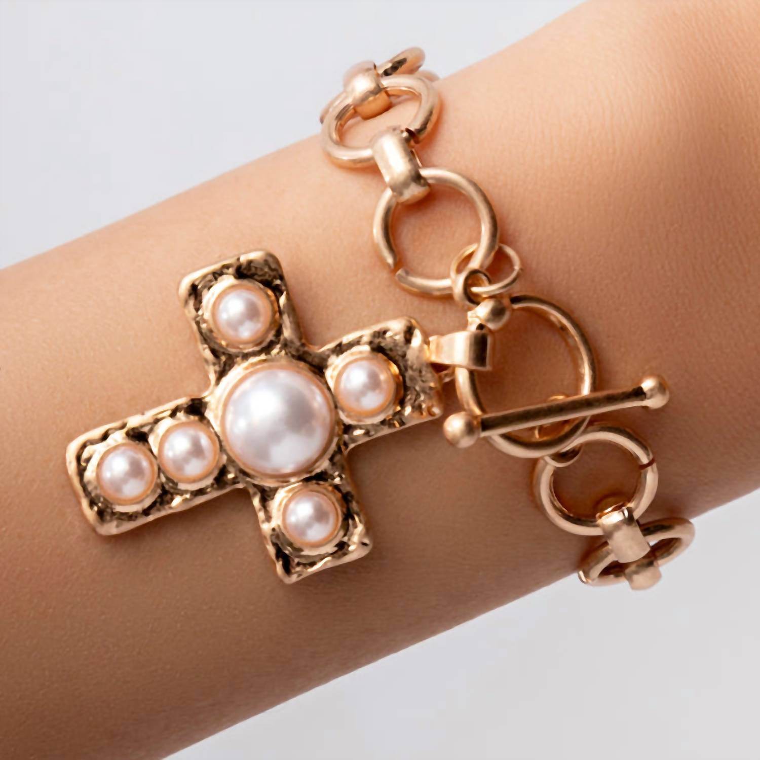 PennyLine Inc - Women's Worn Primitive Cross Pearl Bracelet - Rack Hunt -