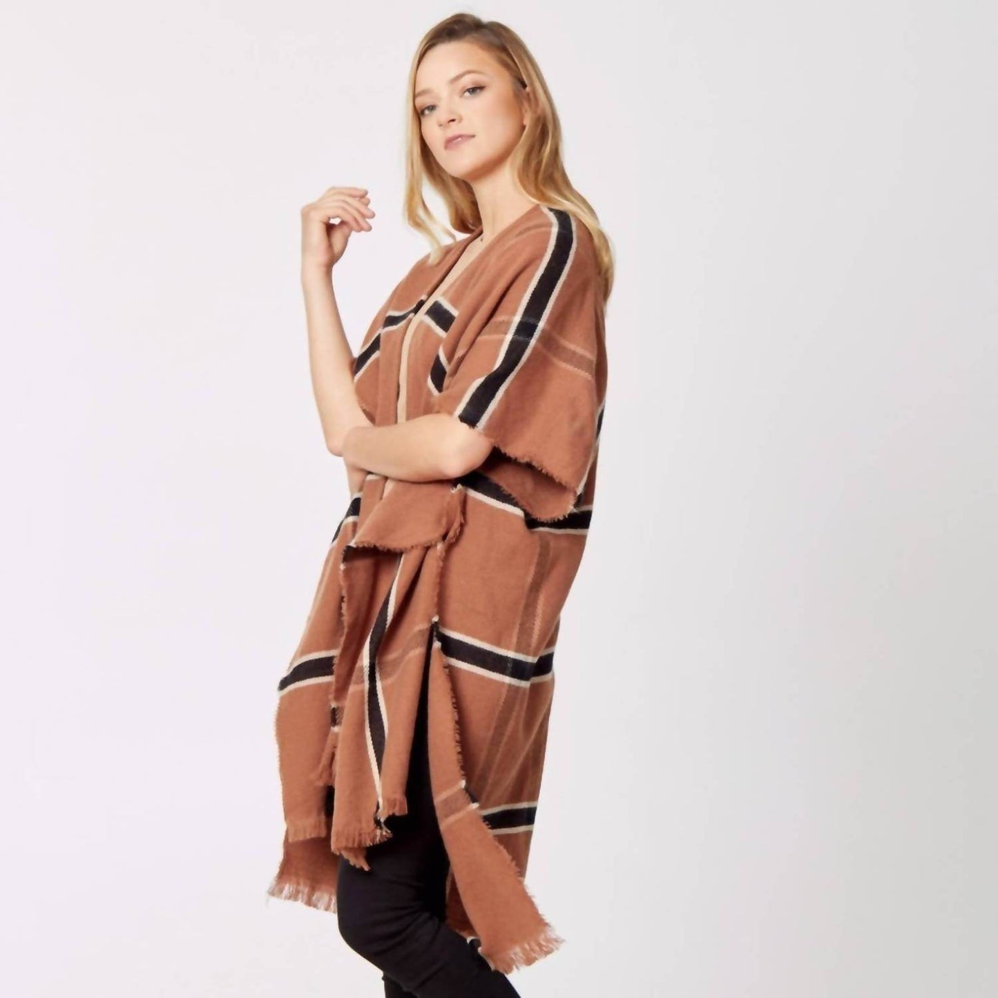 Do Everything in Love - Windowpane Plaid Fringed Kimono - Rack Hunt -