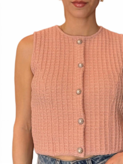 Round Neck Sleeveless Button Open Knit Top