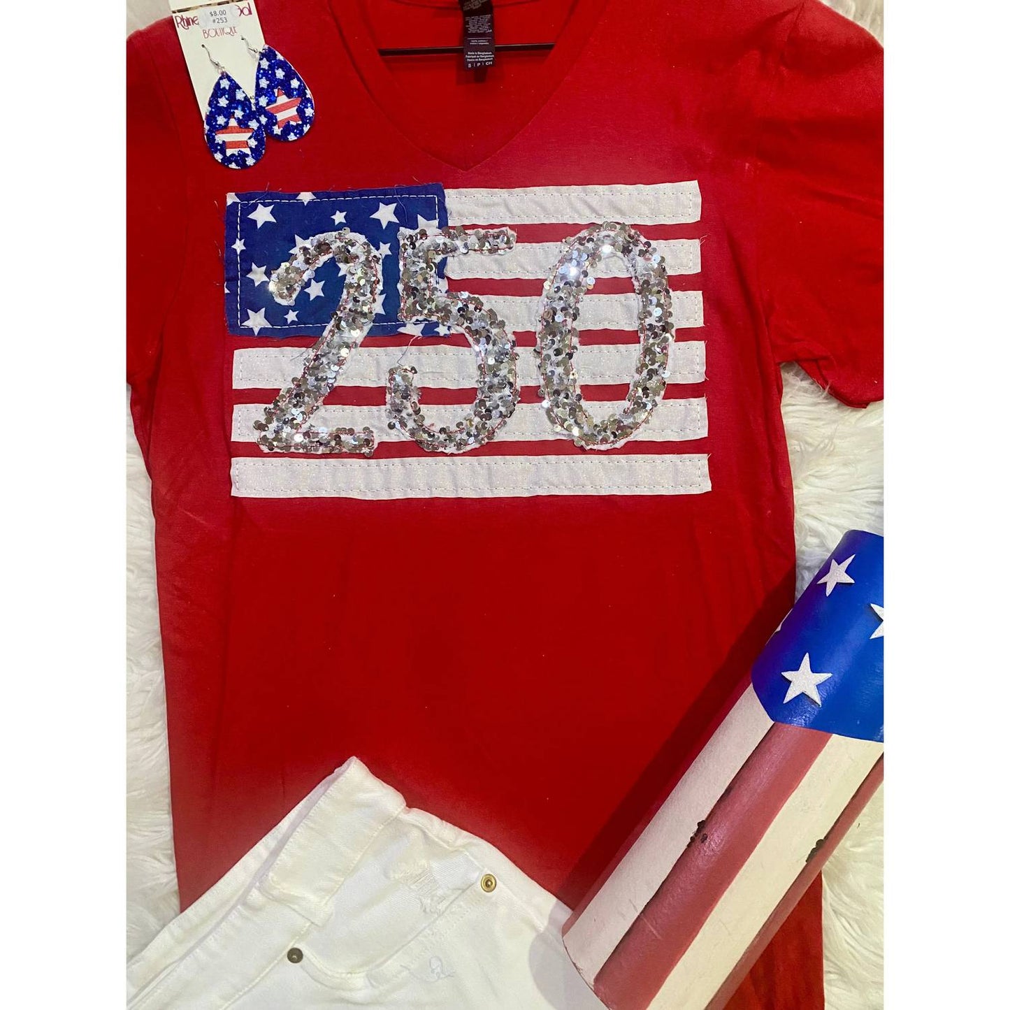 Women's Sequin 250 Patriotic V Neck Tee