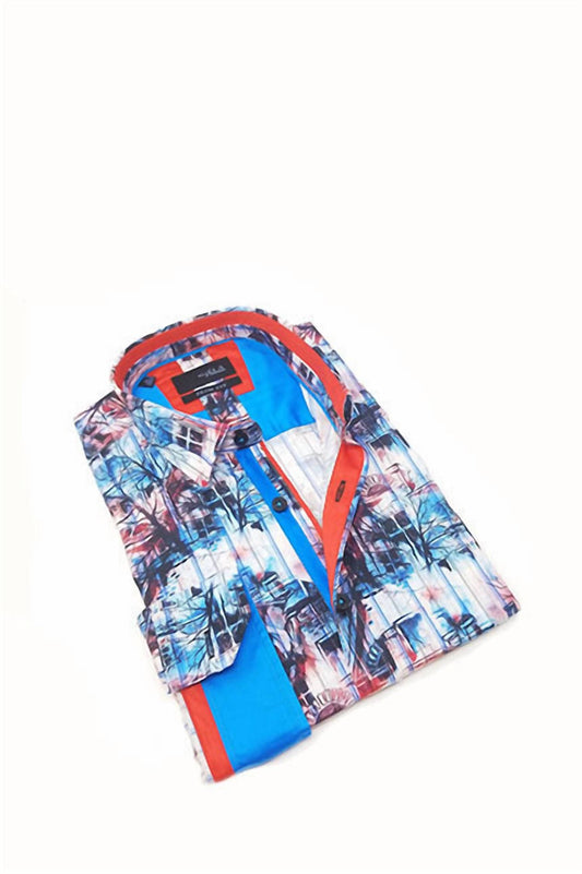 Scenery Print Button Down Shirt With Trim
