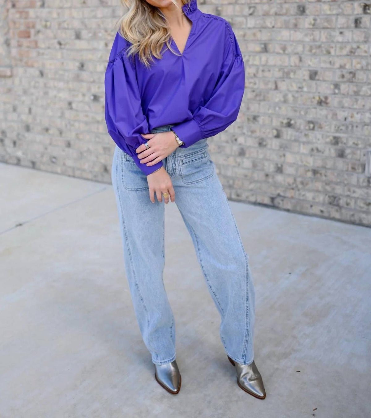 Ruffle Neckline Poplin Top