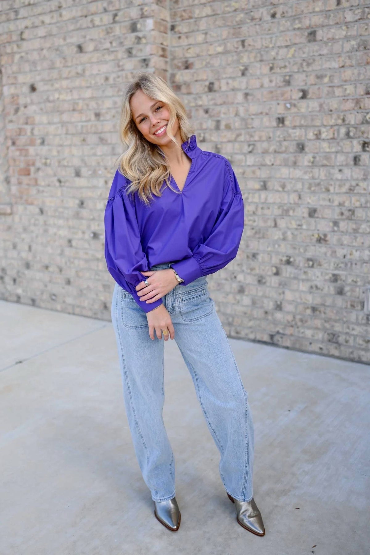 Ruffle Neckline Poplin Top