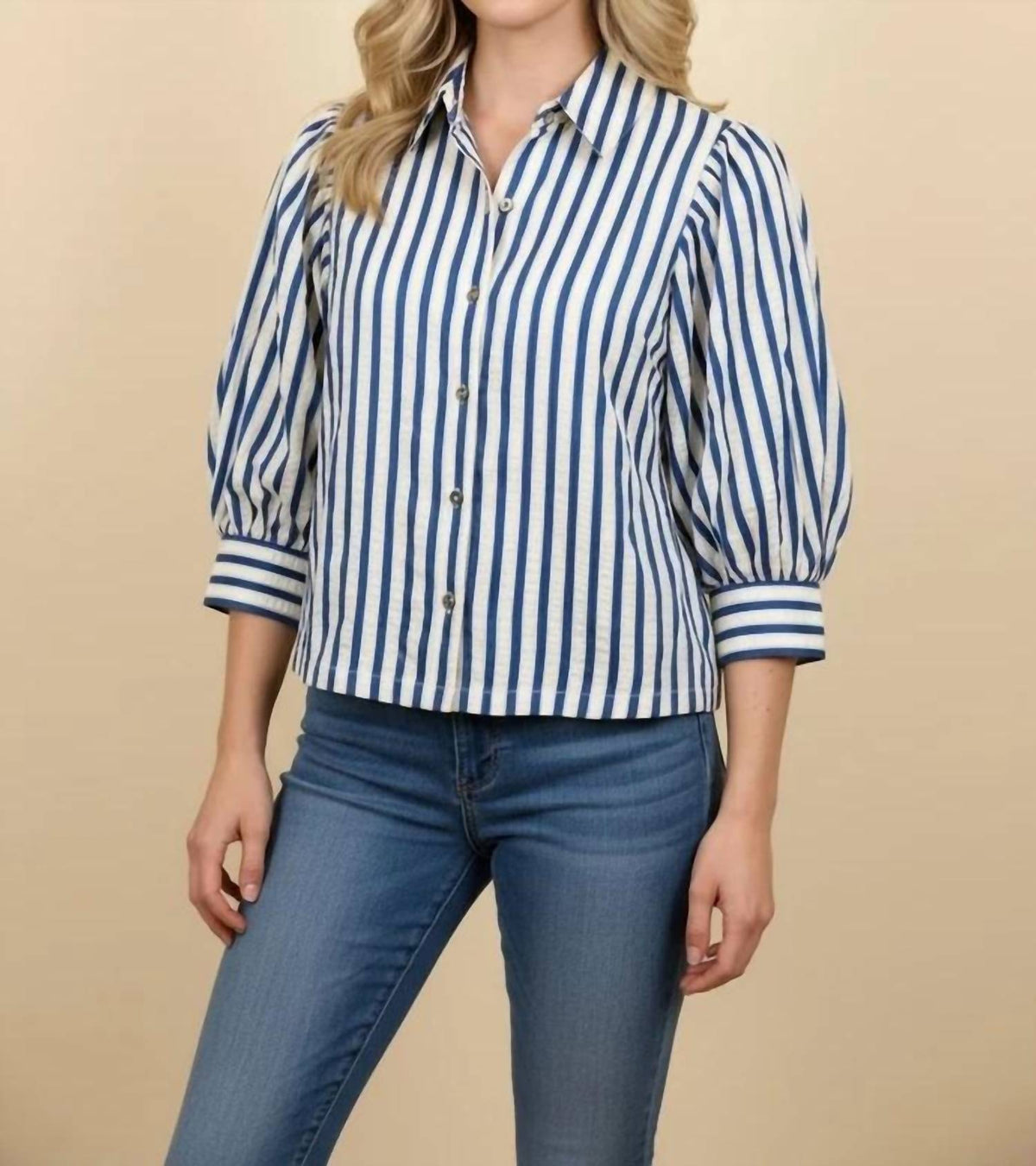 Puff Short Sleeve Striped Blouse